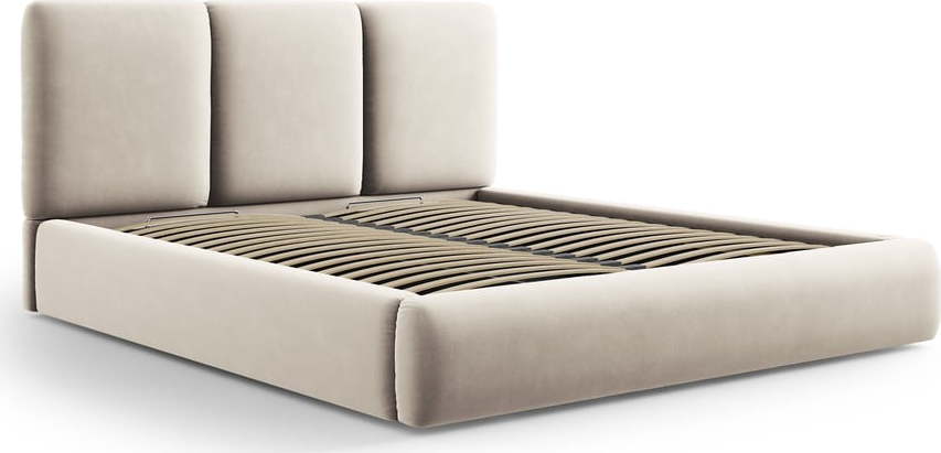 Krémová sametová čalouněná dvoulůžková postel s úložným prostorem s roštem 160x200 cm Brody – Mazzini Beds Mazzini Beds